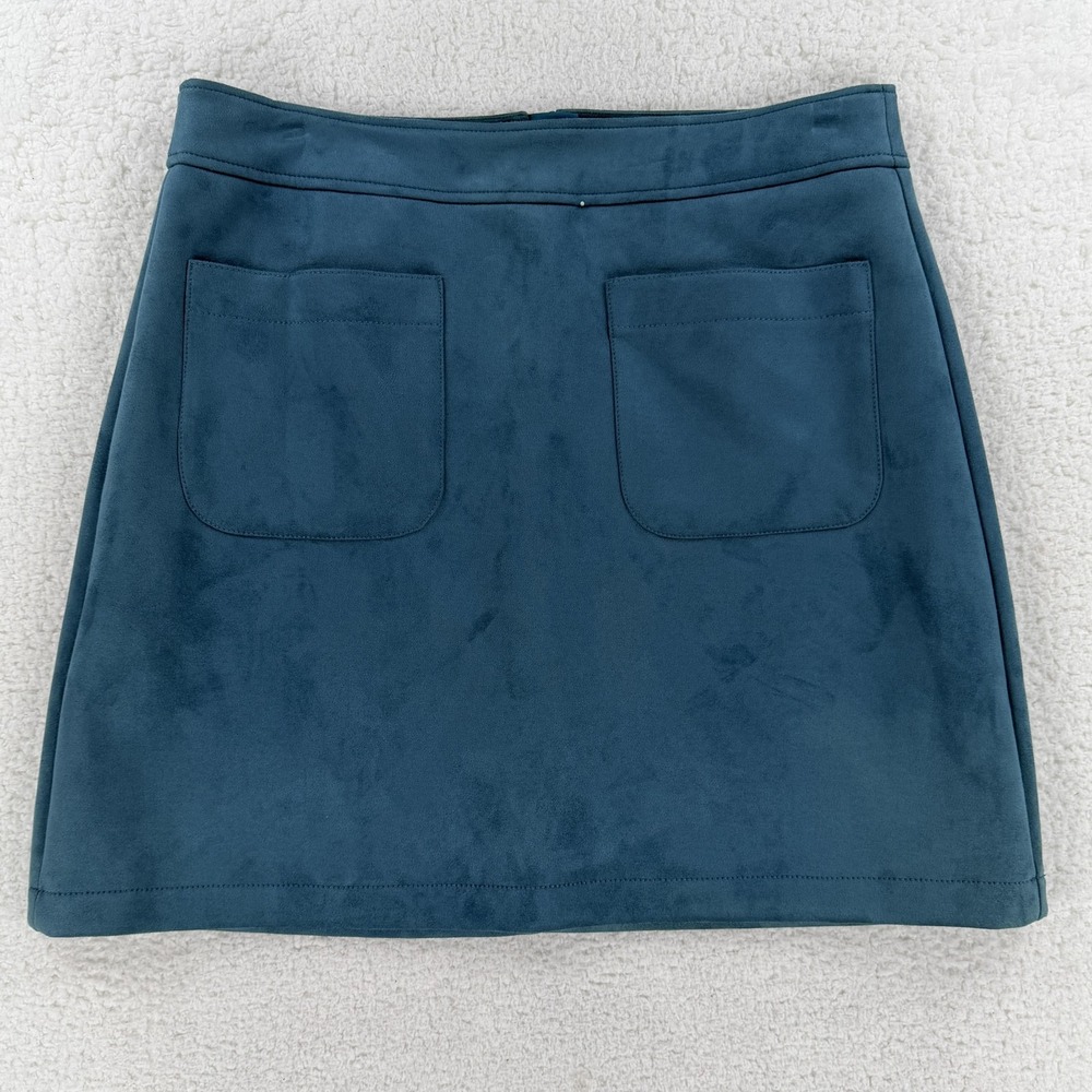 LOFT Skirt Womens 12 Blue Faux Suede A Line Mini Front Pockets Zip Lined Stretch